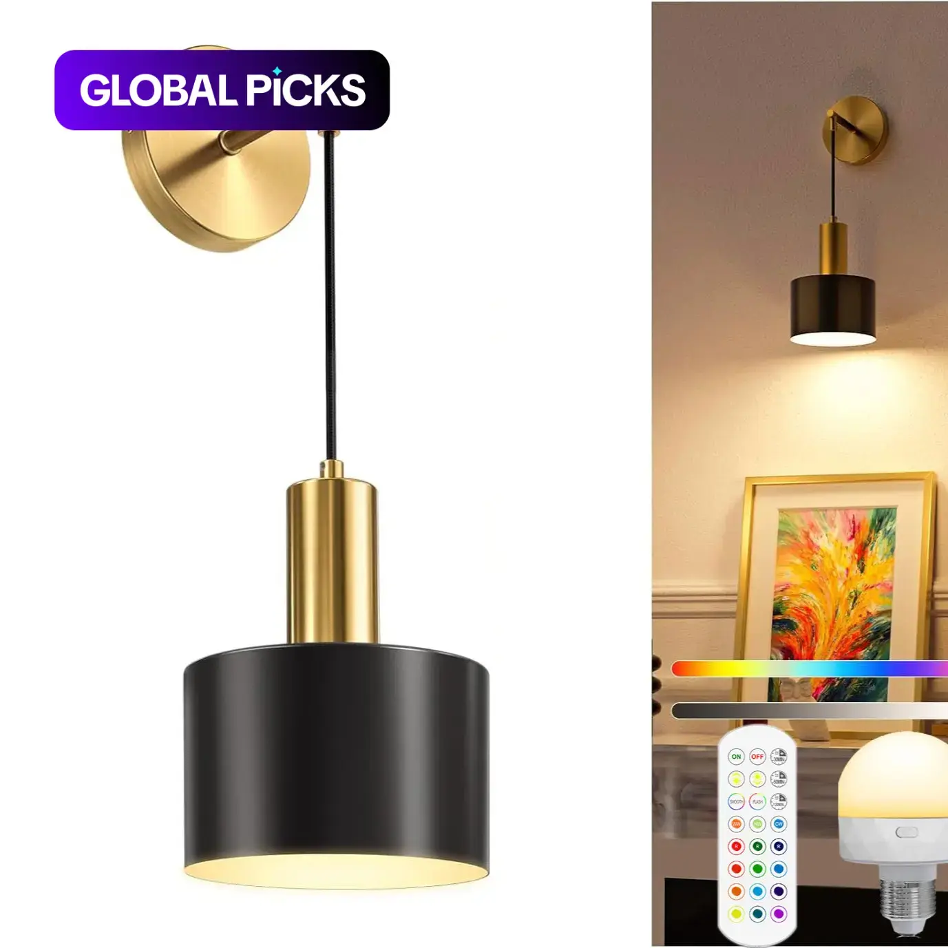 Battery Powered Wall Mounted Lamp, Indoor Wall Light, Wireless Charging Dimmable Wall Lamp with Adjustable Light Bulb & Remote Control, Suitable for Bedroom Lighting, Living Room, Corridor, Battery Operated Lamp #GLOBAL PICKS
