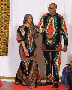 Couple’s Matching Dashiki Set – Women’s Flared Maxi Dress and Men’s Traditional Tunic with Pants