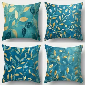 4pcs-Elegant Teal & Golden Leaf  Themed Throw Pillow Covers, Contemporary Design for Sofa, Office, Living Room & Bedroom Decor,  Office Decor, 2D Flat, Single Sided Printing, No Pillow Core