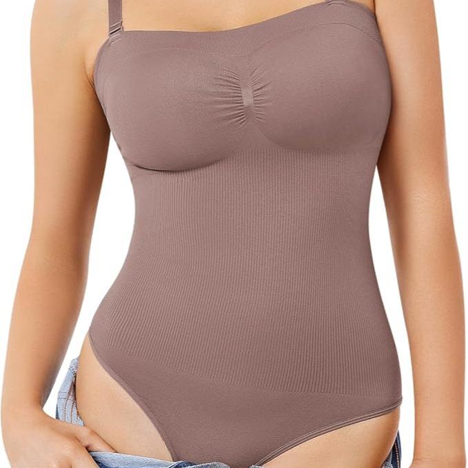 Nebility Strapless Women's Shapewear Thong Bodysuit - Tummy Control Slimming Body Shaper Umber Medium Adjustable Fit Lightweight Seamless Soft Nylon Spandex