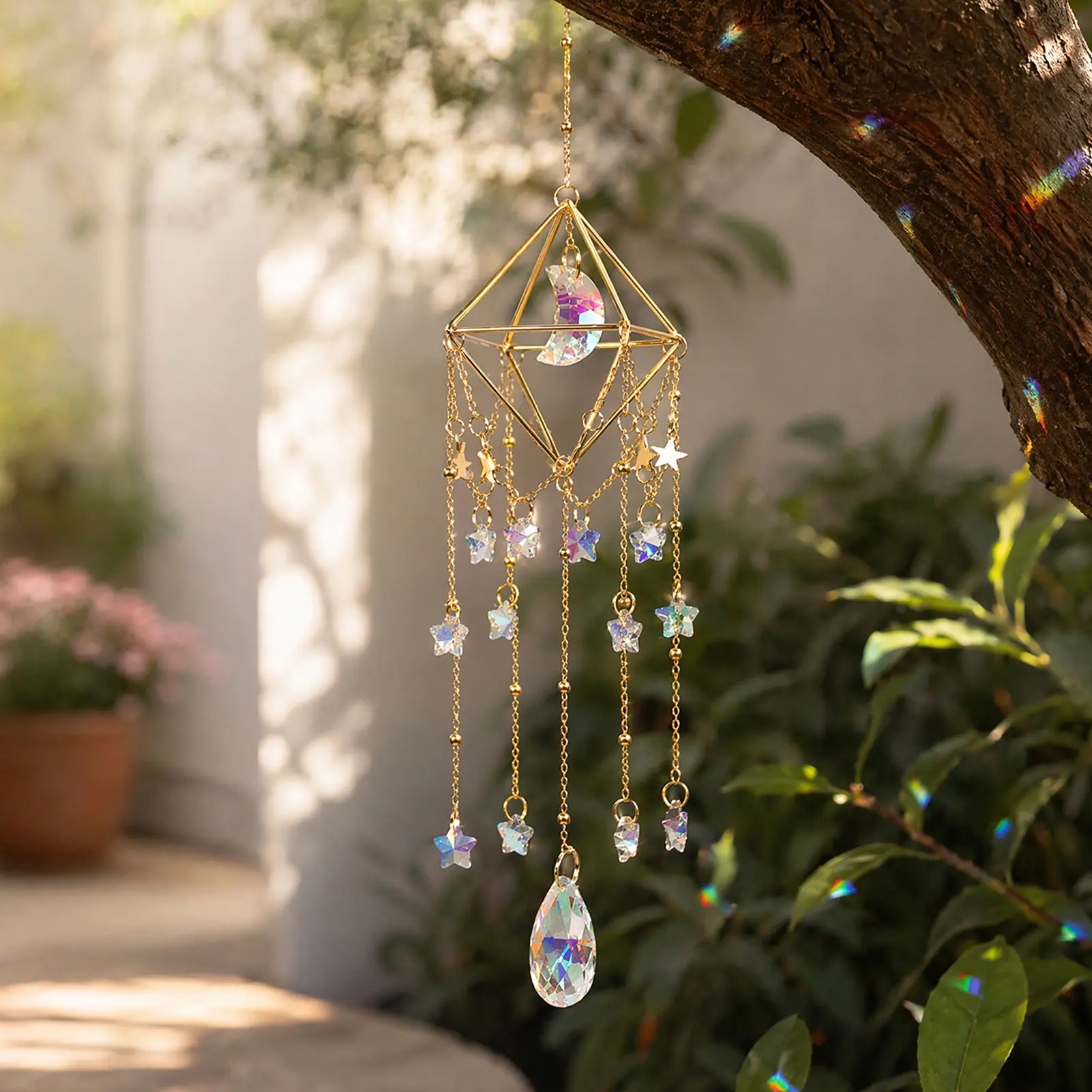 Crystal Sun Catcher, Window Suncatcher Prism Hanging Wind Chime, Handmade Rainbow Maker Indoor Outdoor Decor for Window Bedroom Courtyard Garden, Bless Gift