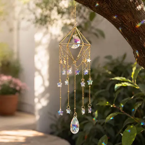 Crystal Sun Catcher, Window Suncatcher Prism Hanging Wind Chime, Handmade Rainbow Maker Indoor Outdoor Decor for Window Bedroom Courtyard Garden, Bless Gift