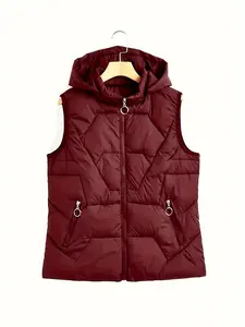 Women's Solid Fitted Zip Up Zipper Hooded Vest Jacket, Minimalist Fitted Vest, Casual Sleeveless Outerwear for Fall & Winter, Ladies Clothes for Daily Wear, Tops, Womenswear