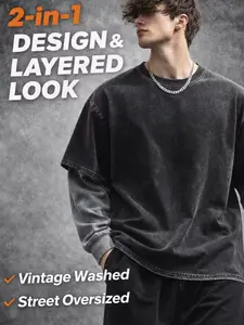 Men’s Fake 2-in-1 Layered T-Shirt | Washed Oversized Streetwear Double Layer Tee