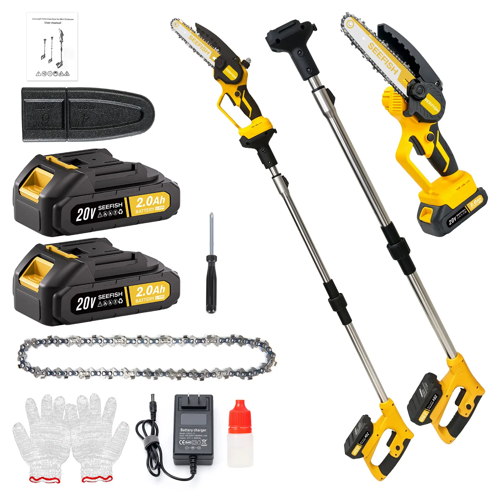 SEEFISH 2 in 1 Cordless Pole Saw & Mini Chainsaw with  Batteries, Power Electric Polesaw f