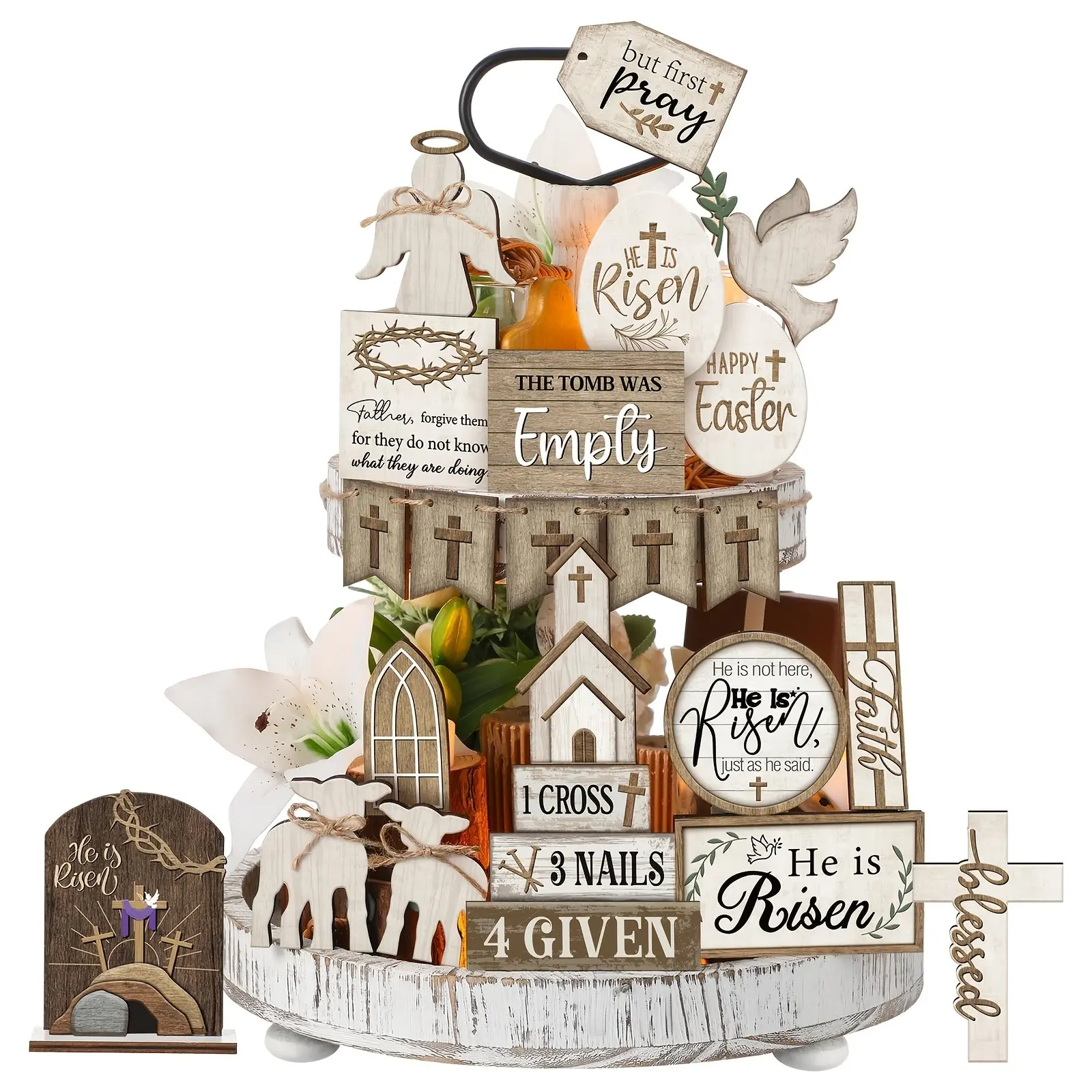 22-Piece Easter Layered Tray Decor Set, Resurrection Cross Angel Tray Decoration Kit, Vintage Rustic Farmhouse Style Easter Table Wooden Plaque Signs Ornaments, Religious Ornaments