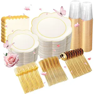 350PCS Ivory for Disposable Ivory Gold Dinnerware Set for 50 Guests - 100 Disposable,150 Silverware,50 Cup,50 Wedding for Wedding