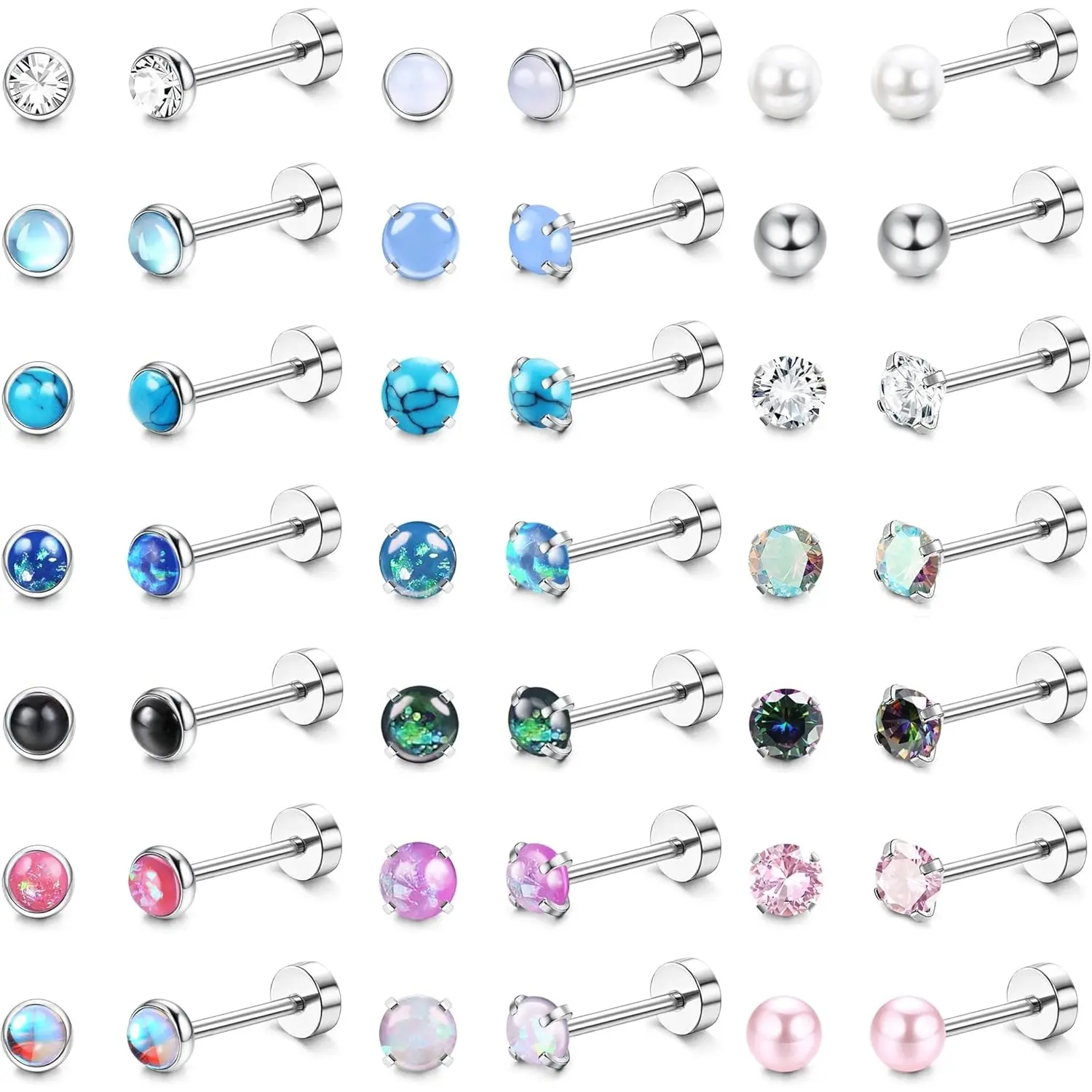 YADOCA 21Pairs Hypoallergenic Surgical Steel Earrings - Flat Back Stud Earrings for Women Men - 20G Small Flatback Stud Earrings - Screw Back Cartilage Earring Sets for Multiple Piercing