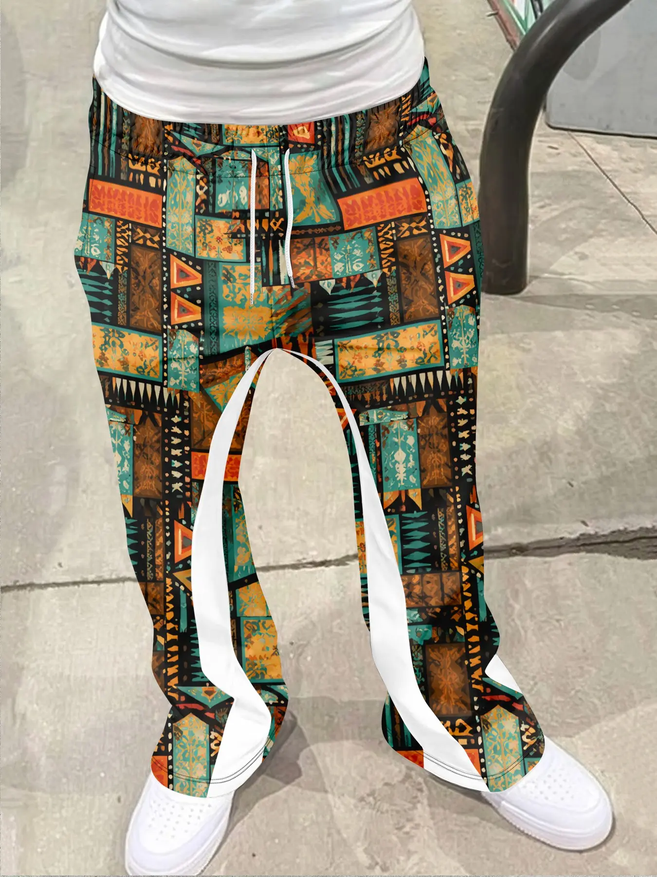 Men's Loose Fit Aztec Patch Print Long Pants, Casual Sporty Streetwear, Retro Hip Hop Fashion, Geometric Pattern, All Seasons
