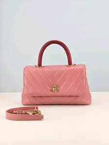 Pre-owned Pink Leather Shoulder Bags Chanel Pink Chevron Quilted Small Coco Handle Bag
