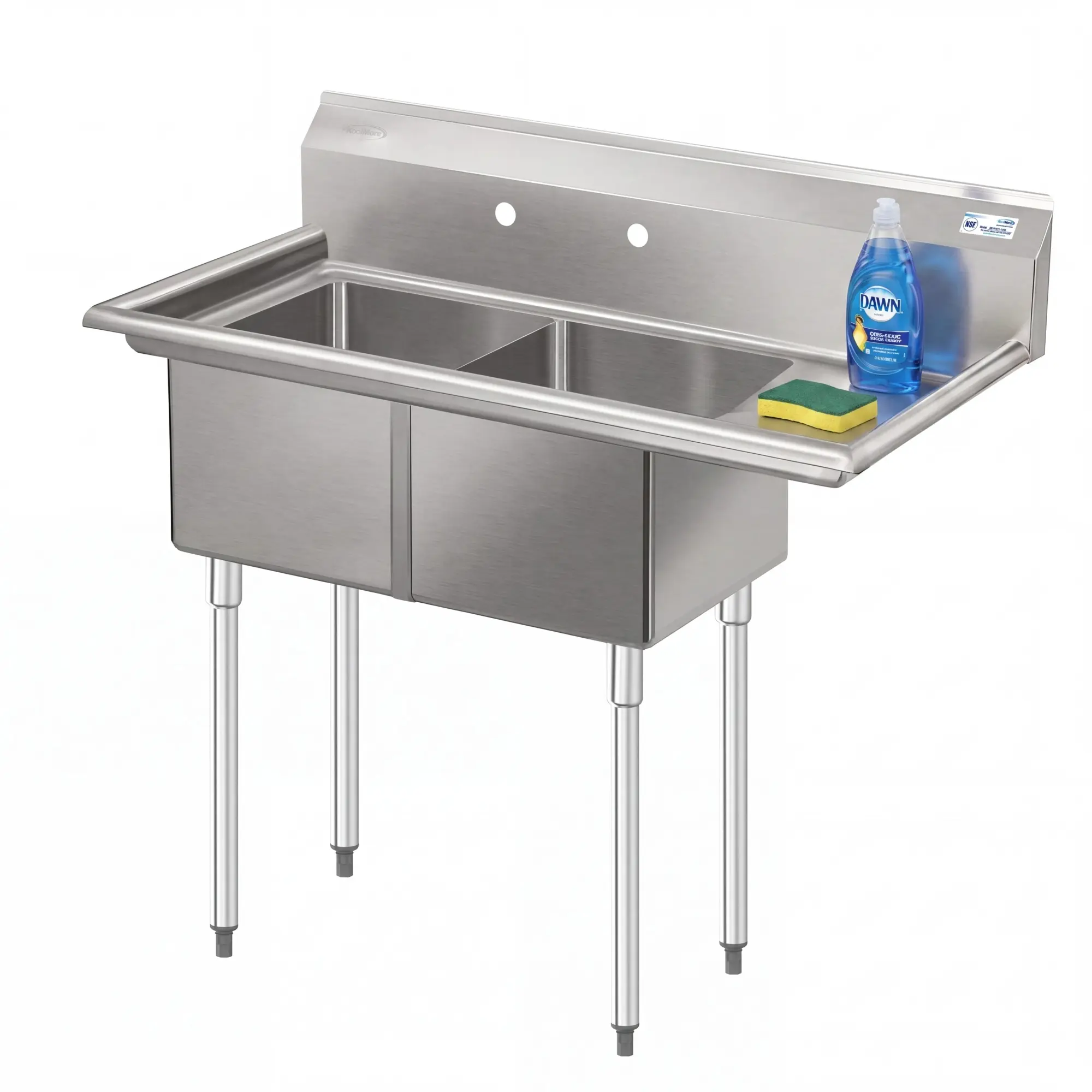 43 in. Two Compartment Stainless Steel Commercial Sink with Drainboard, Bowl Size 14"x 16"x 11" SB141611-12R3.