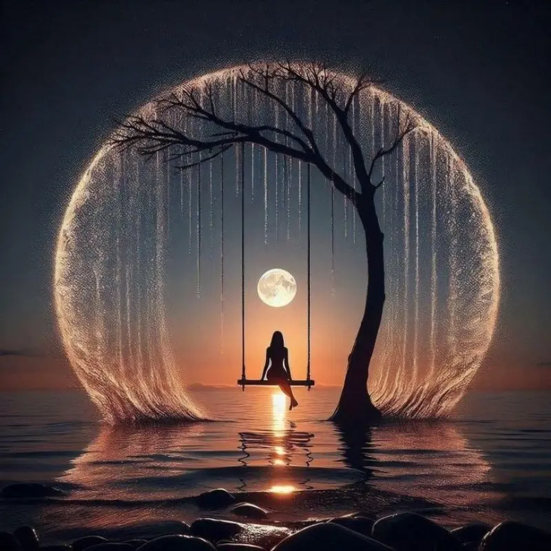 5D Diamond Art Painting Set - Dream Moon Tree Swing Girl, DIY Hand-Embroidered Home Wall Painting, Diamond Painting Kit