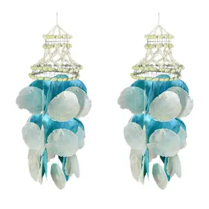 Set of 2 Coastal Blue and White Capiz and Cowrie Shell Wind Chimes Garden Patio