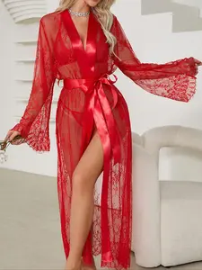 Women's Floral Lace Long Sleeve Fitted Bathrobe & Belt Set, Sexy Elegant Transparent Lace Robe, Seductive Pajamas, Women's Sleepwear & Loungewear for All Seasons
