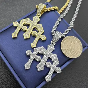 Triple Cross Religious Iced CZ Pendant & 4mm 24" Rope Chain Hip Hop Style Fashion Necklace - Gold, Silver Plated