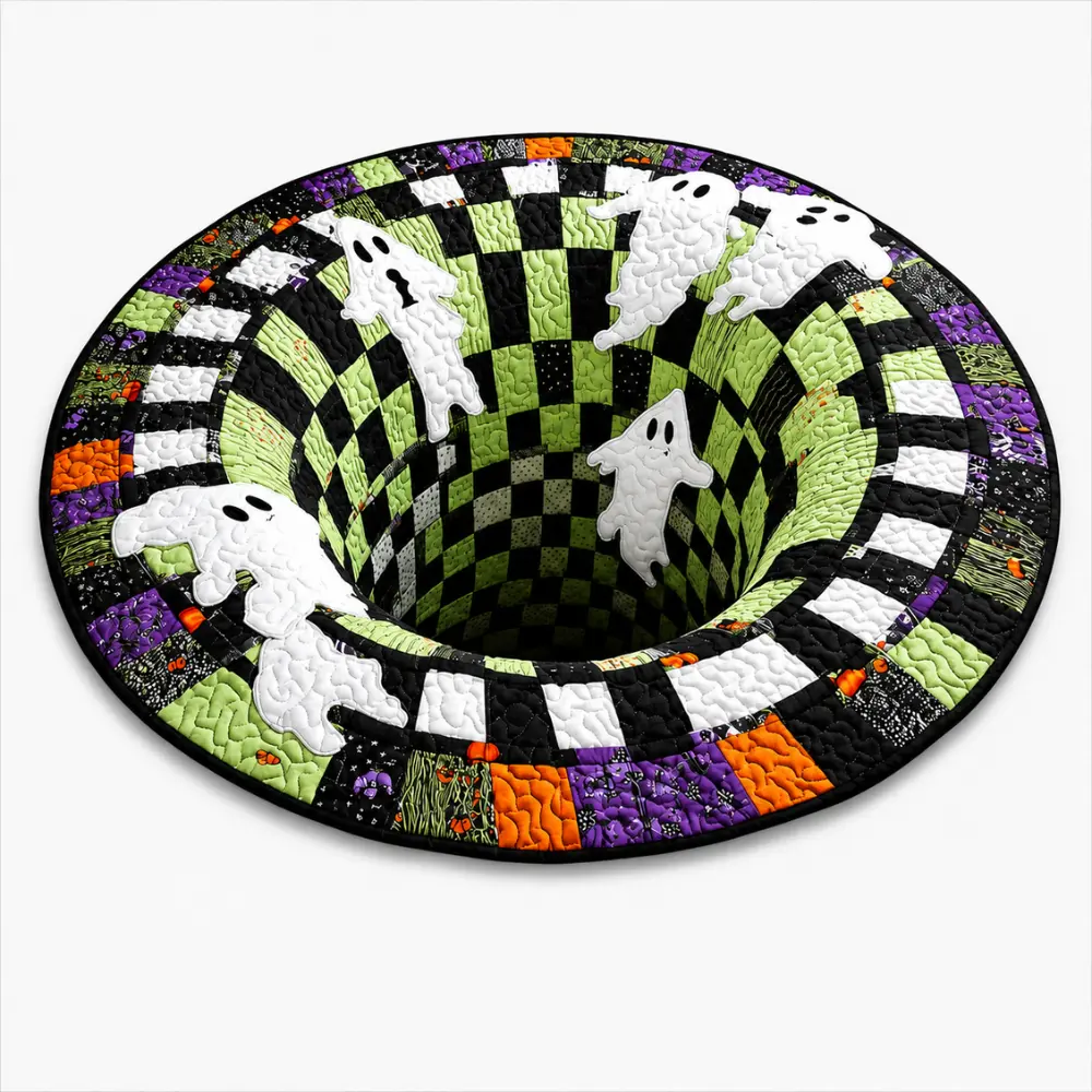 KinLoca 3D Halloween Abyss Round Rug, Quilted Ghost and Pumpkin Optical Illusion Floor Mat, Soft Non-Slip Area Rug for Living Room, Bedroom and Party Decor