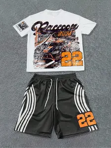 Men's Cartoon Print Tee & Drawstring Waist Shorts Set, Regular Fit Casual Fashion Cozy Round Neck Short Sleeve T-shirt & Track Shorts, Men Two-piece Outfits for Summer
