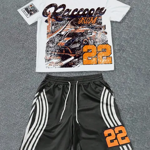 Men's Cartoon Print Tee & Drawstring Waist, Activewear Athletic Regular Fit Casual Fashion Cozy Round Neck Short Sleeve T-shirt & Track Shorts, Men Two-piece Outfits for Summer Sportswear Clothing