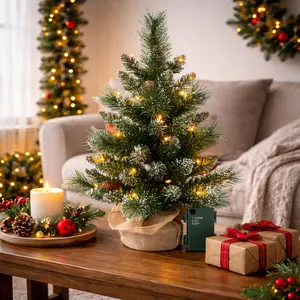 2FT Pre-Lit Mini Christmas Tree with LED Lights, Snow-Flocked Tabletop Xmas Tree with Pine Cones, Burlap Base for Home & Office Holiday Decor