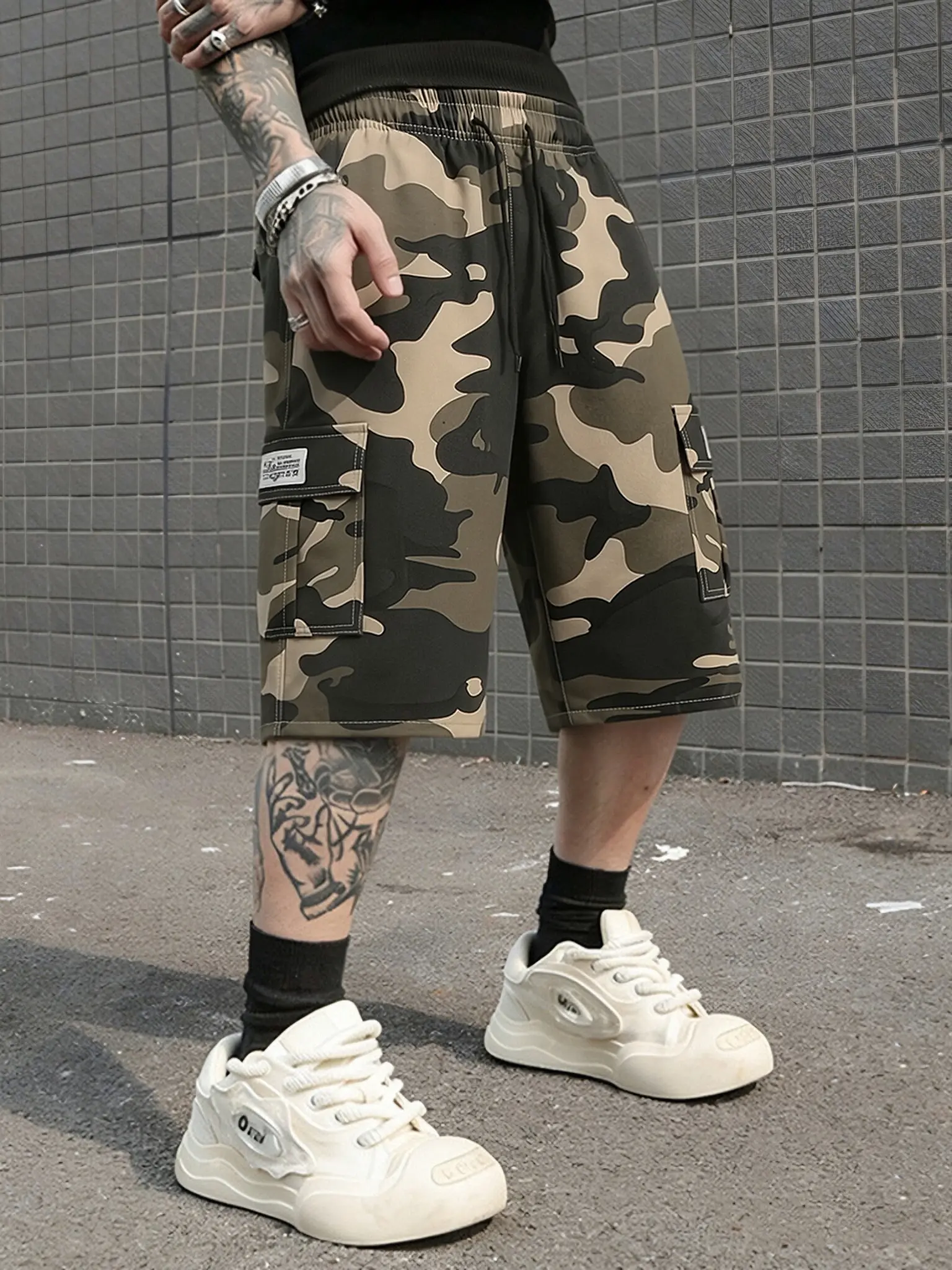 Men’s Camo Cargo Shorts, lightweight camouflage shorts with multiple pockets and an elastic drawstring waist, durable casual shorts for outdoor activities, hiking, work, and everyday wear., Fabric, Menswear, Mid Waist, Loose-Fit tiktokshopspringglowup,sum