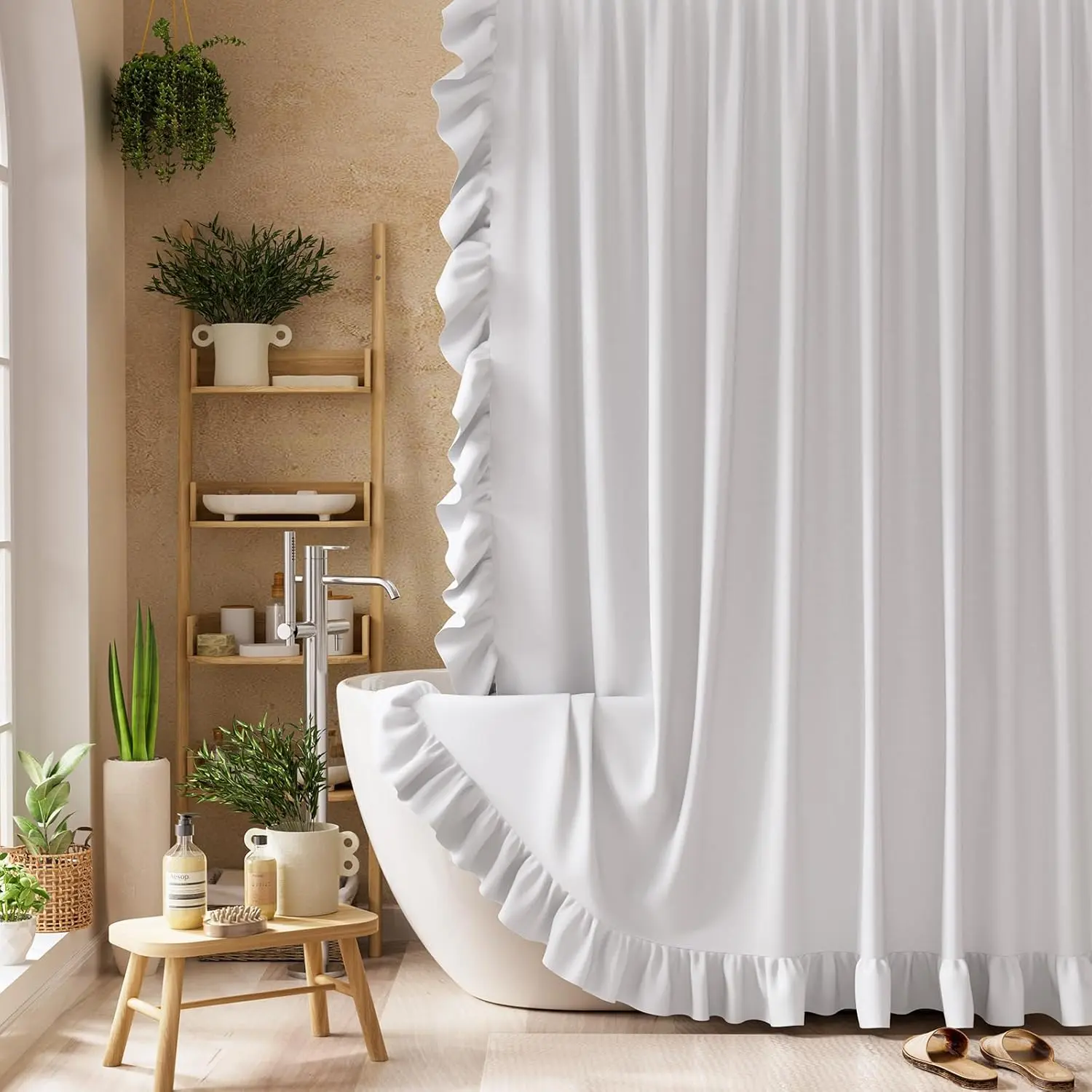Ruffle Shower with-Side Ruffle, White Farmhouse Curtains, Soft Flowy Layered, Elegant Spa Style, Minimal Look, Repellent,12, 72" W x 72" L