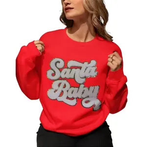 Pullover Santa Baby Sweatshirt, Christmas Holiday Chenille Fabric Patch Fashion Crewneck Pullover Pullover Sweatshirts Comfort black sweatshirt