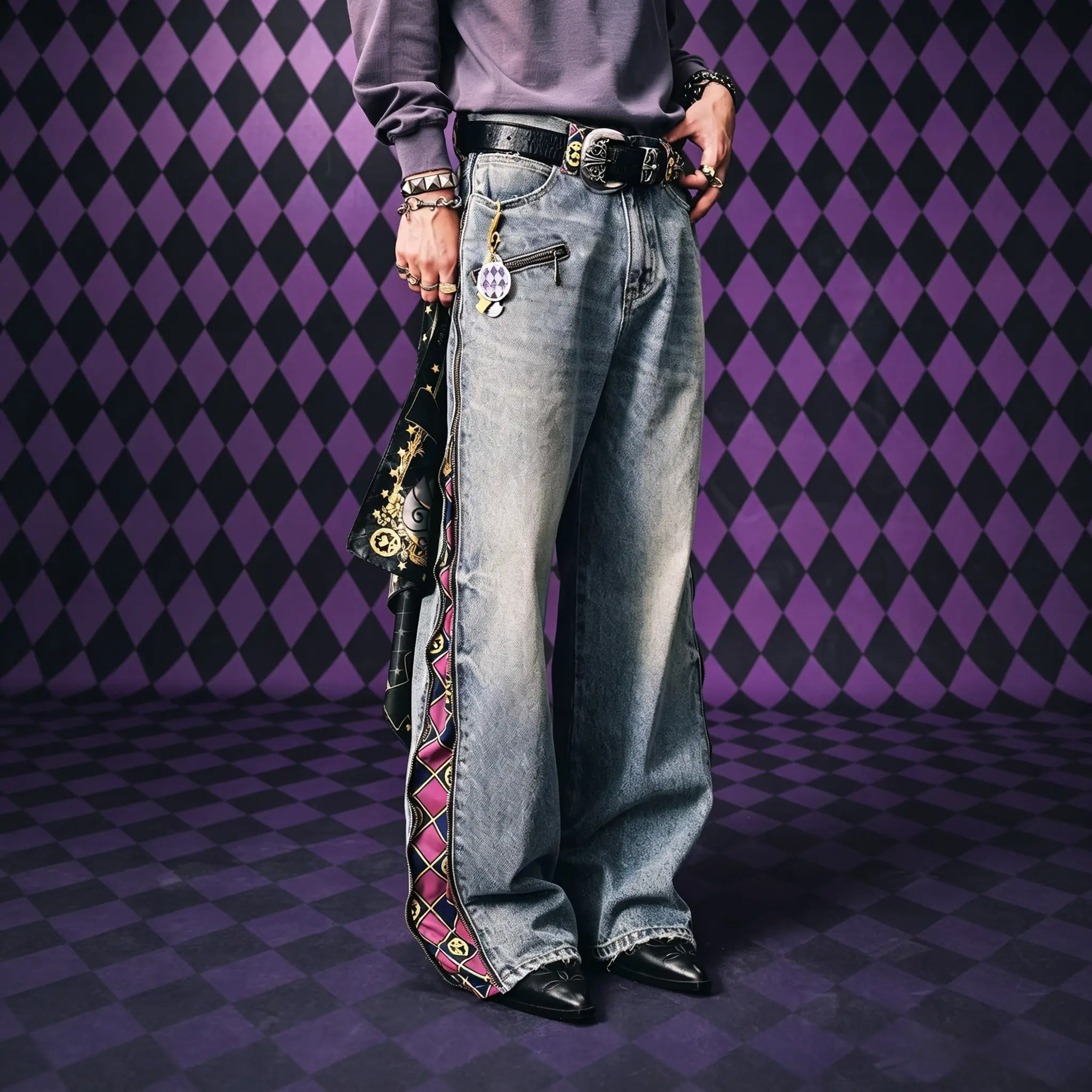 JJBA Collaboration – Casual Denim Trousers with Zipper & Plaid Details; Washed Jeans, Distressed, Slightly Stretch Brunoy, Floor-Length Fit.Streetwear Stylish.Unisex Anime merch.OOTD Fashion.Golden Wind  Bruno&Giorno Gyangu-sutā