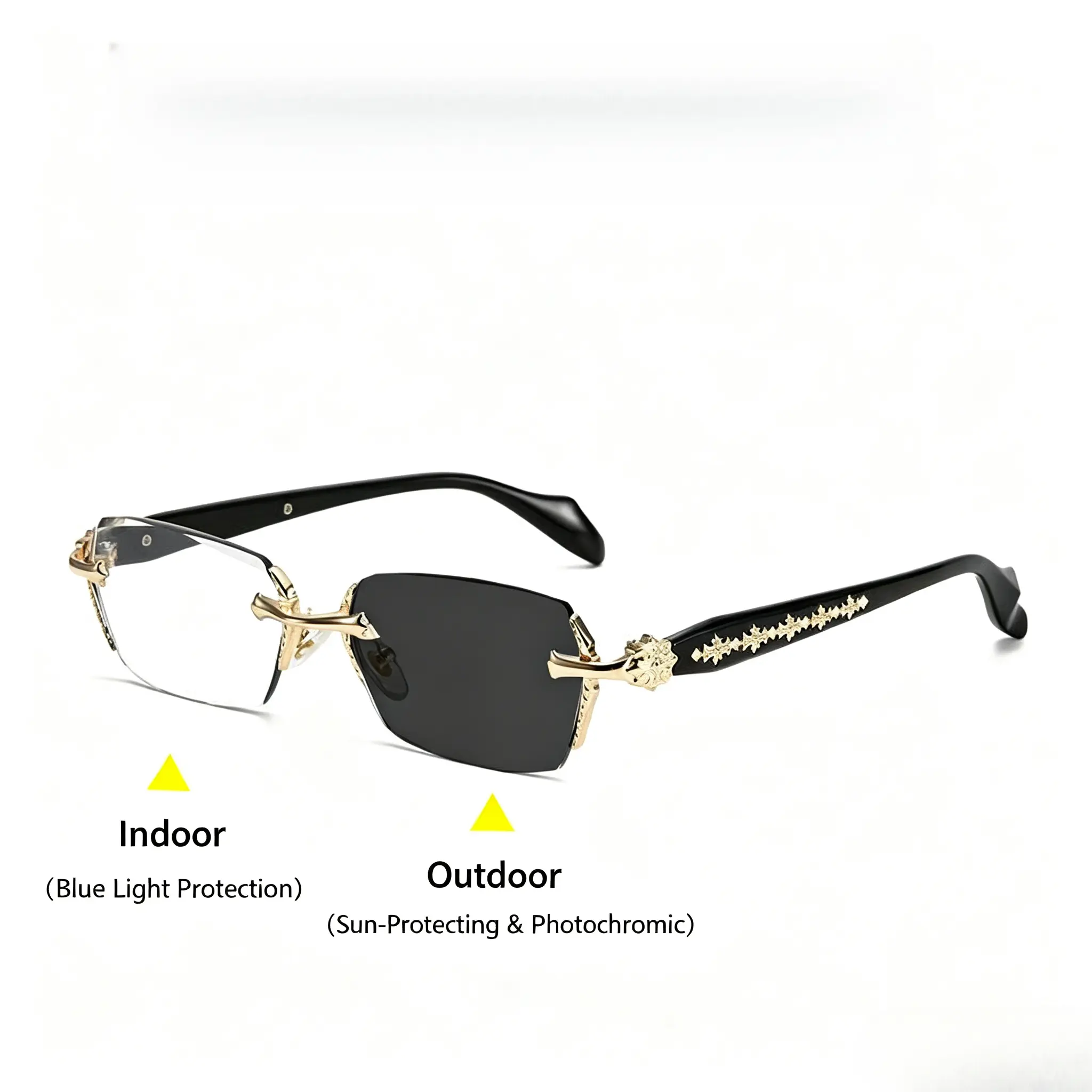 Edgy Rimless Photochromic Glasses, Blue Light Blocking UV Auto Tint Eyewear for Men