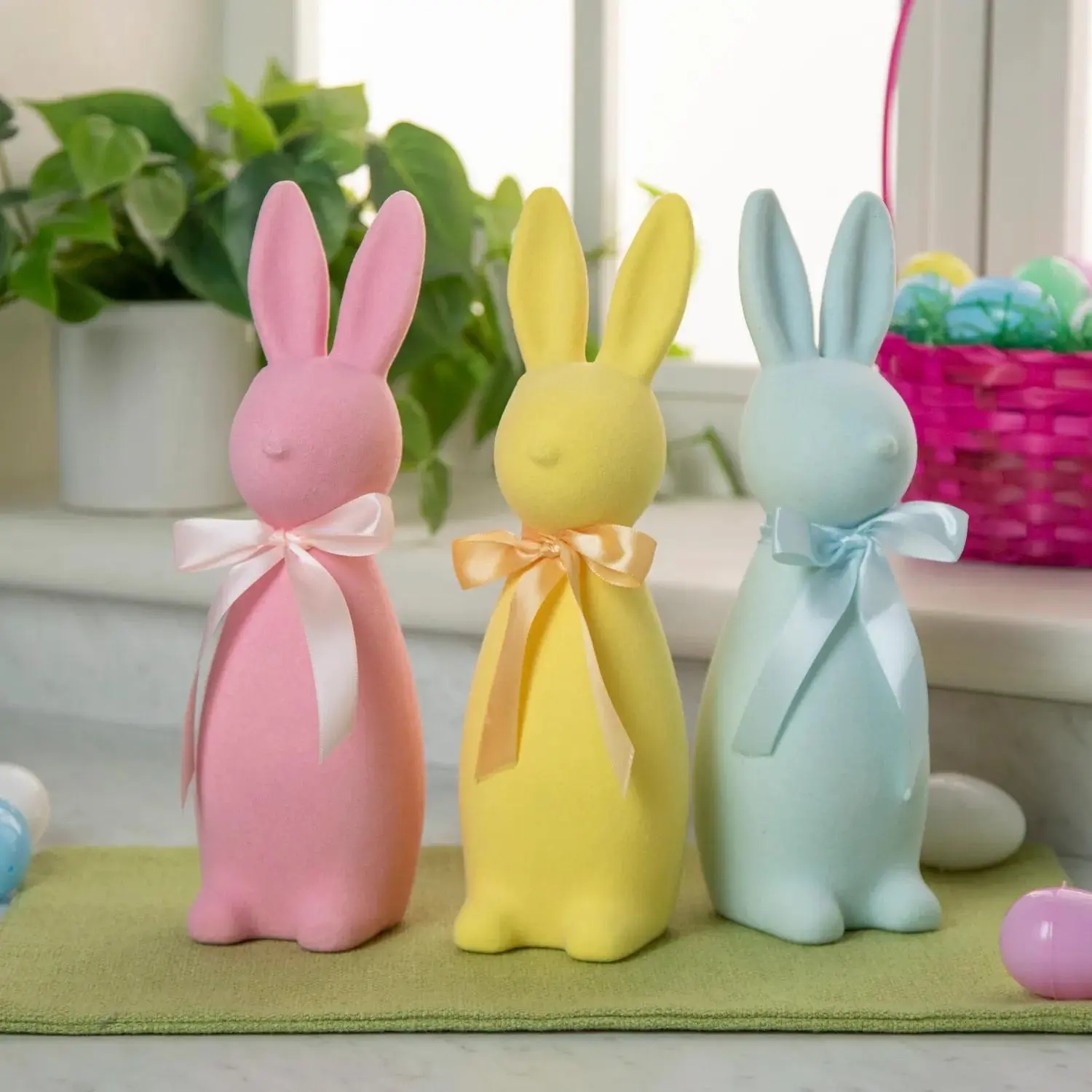 3-Pc Lightweight Foam Flocked Easter Bunny Figurines, 3.5"x11.75" Multicolor Tabletop Home Decor Ornaments, Festive Home Supplies, Figurine, Three Pieces