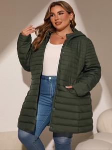 【plus size】 solid quilted hooded coat, casual long sleeve button front outerwear for fall & winter, women's clothes for daily wear