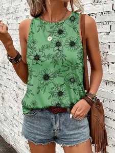 Summer Casual Round Neck New Print Sleeveless Top, Trendy Women's Fashion, Perfect for Daily Wear, Comfortable and Stylish