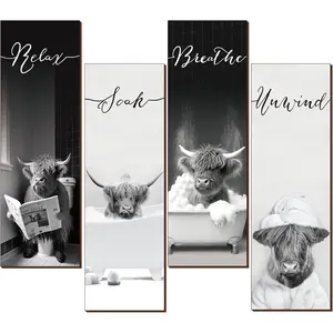 4 count Highland Cow Bathroom Signs - Rustic Farmhouse Decor for Home Laundry Room & Bathroom
