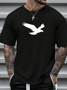 Men's Bird Print Round Neck Tee, Casual Regular Fit Short Sleeve Crew Neck T-Shirt for Summer, Fashion Men's Top for Daily Wear