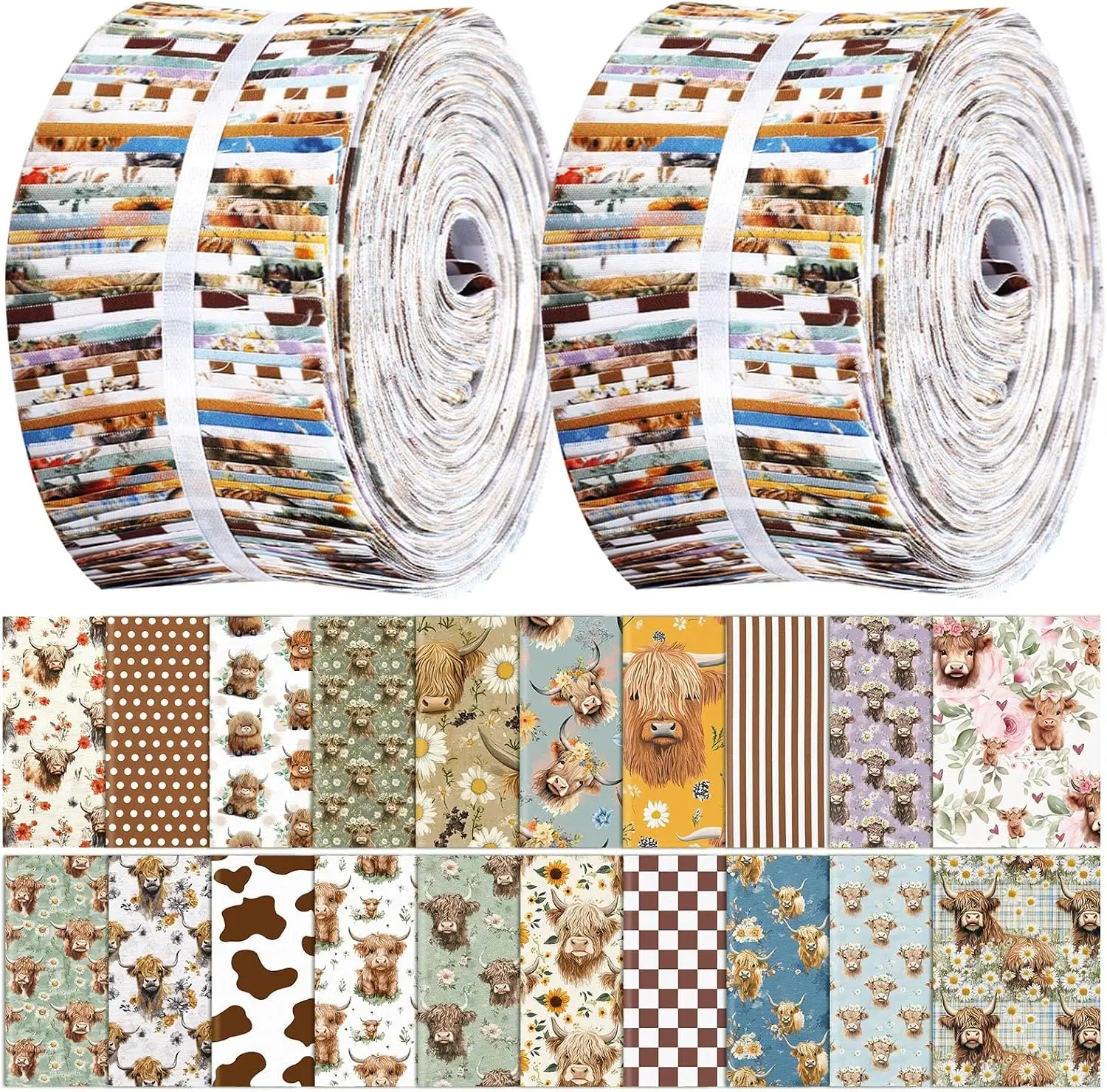 100 Pcs Highland Cow Quilting Fabric Roll 2.56 Inch Fabric Squares Jelly Patchwork Precut Strips Bundles for Holiday Materials Craft DIY Sewing Cloths