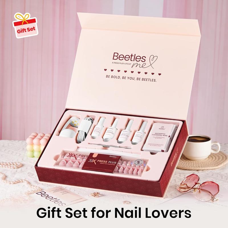 Beetles X Press Plus On Nails Kit - 150Pcs Short Square French Tip Press On Nails with Nail Glue, Remover, Builder Top Coat & Mini Nail Lamp for DIY Fake Nails Gift
