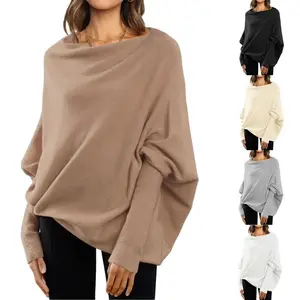Asymmetric draped off-the-shoulder jumper with long batwing sleeves