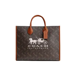 COACH Ace 35 Carriage Print Tote Bag for Women – Coated Canvas and Leather, Gold-Tone Hardware, Amber Truffle