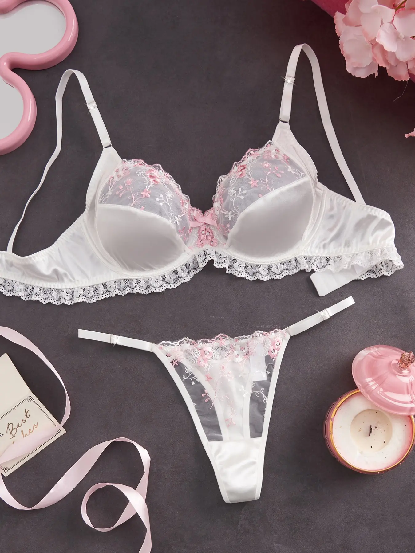 Satin Lingerie Set, Floral Lace Bra & Low Waist Thong, Romantic Feminine Fit Embroidered Underwear, Perfect for Intimate Occasions, Spring, Summer