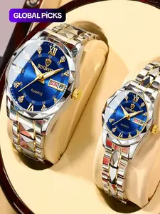 Couple Casual Water Resistant Watch, Fashion Waterproof Round Dial Analog Stainless Steel Quartz Watch Set with Date & Week Display Function, Modern Trendy Accessories As Gift with Box, Luminous Waterproof Watch, Fashionable Waterproof Watch