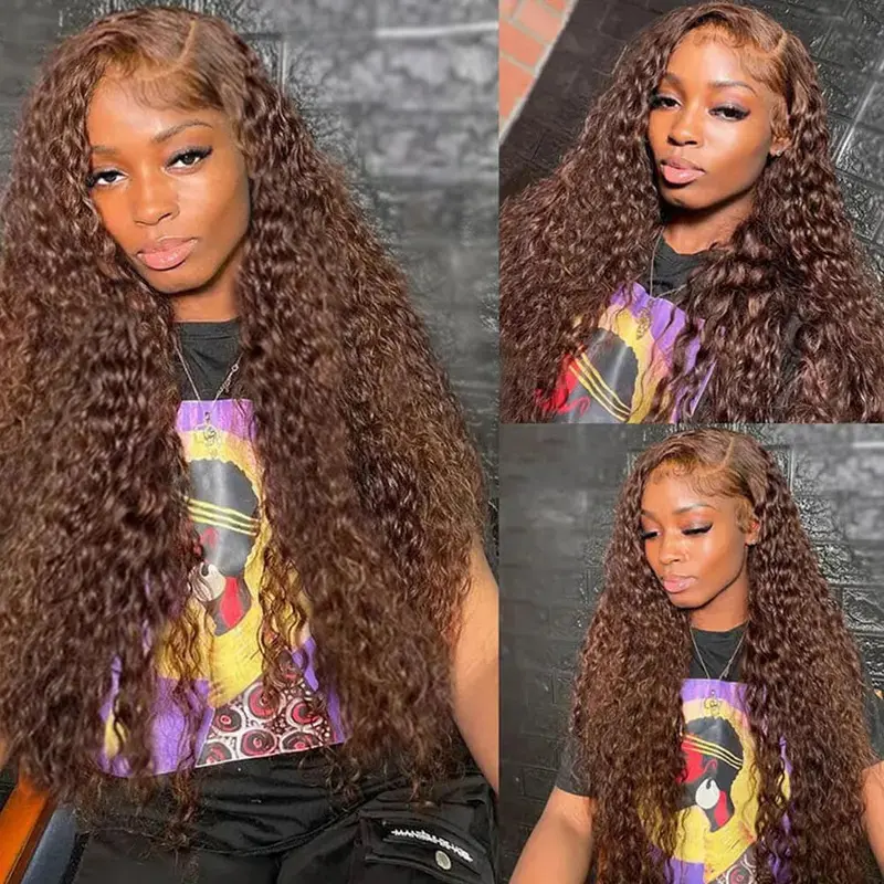 Deep Wave Lace Frontal Wig 30Inch Brazilian Chocolate Brown Curly Human Hair Wig 13x6 Hd Transparent Lace Frontal Deep Wave Wig Colored Water Wave Brazilian Wigs For Women Pre Plucked 180% Density