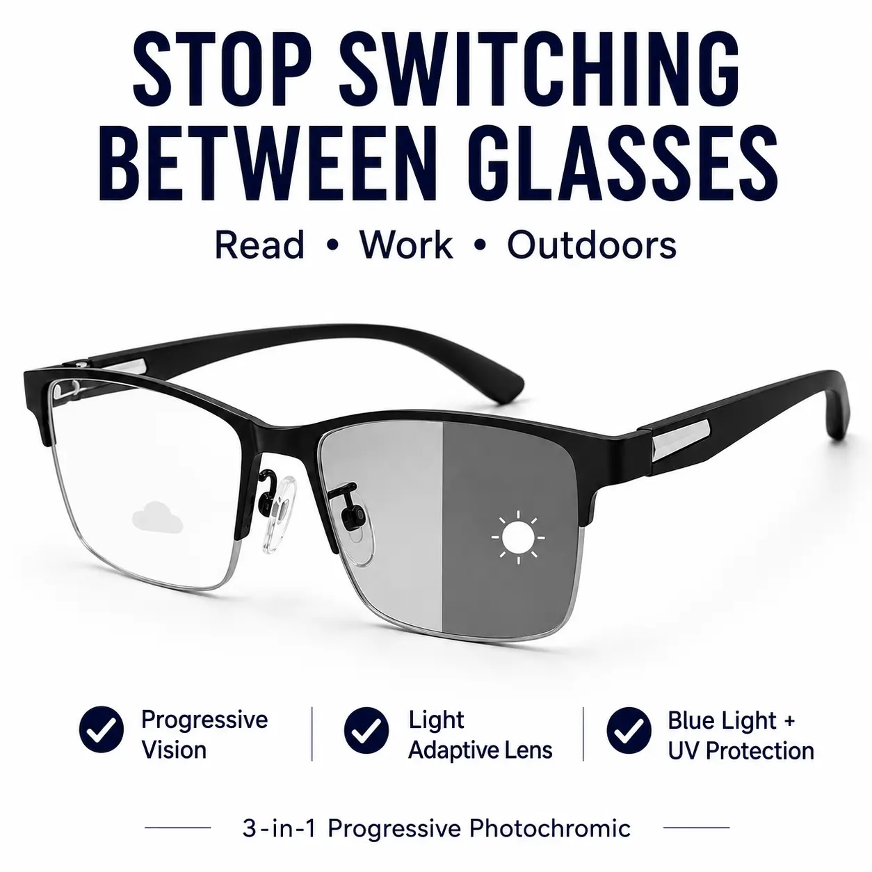 Photochromic Progressive Multifocal Reading Glasses for Men & Women, 2-in-1 Blue Light Blocking Readers, HD Clear Lens Lightweight Eyewear for Near Mid Far Vision