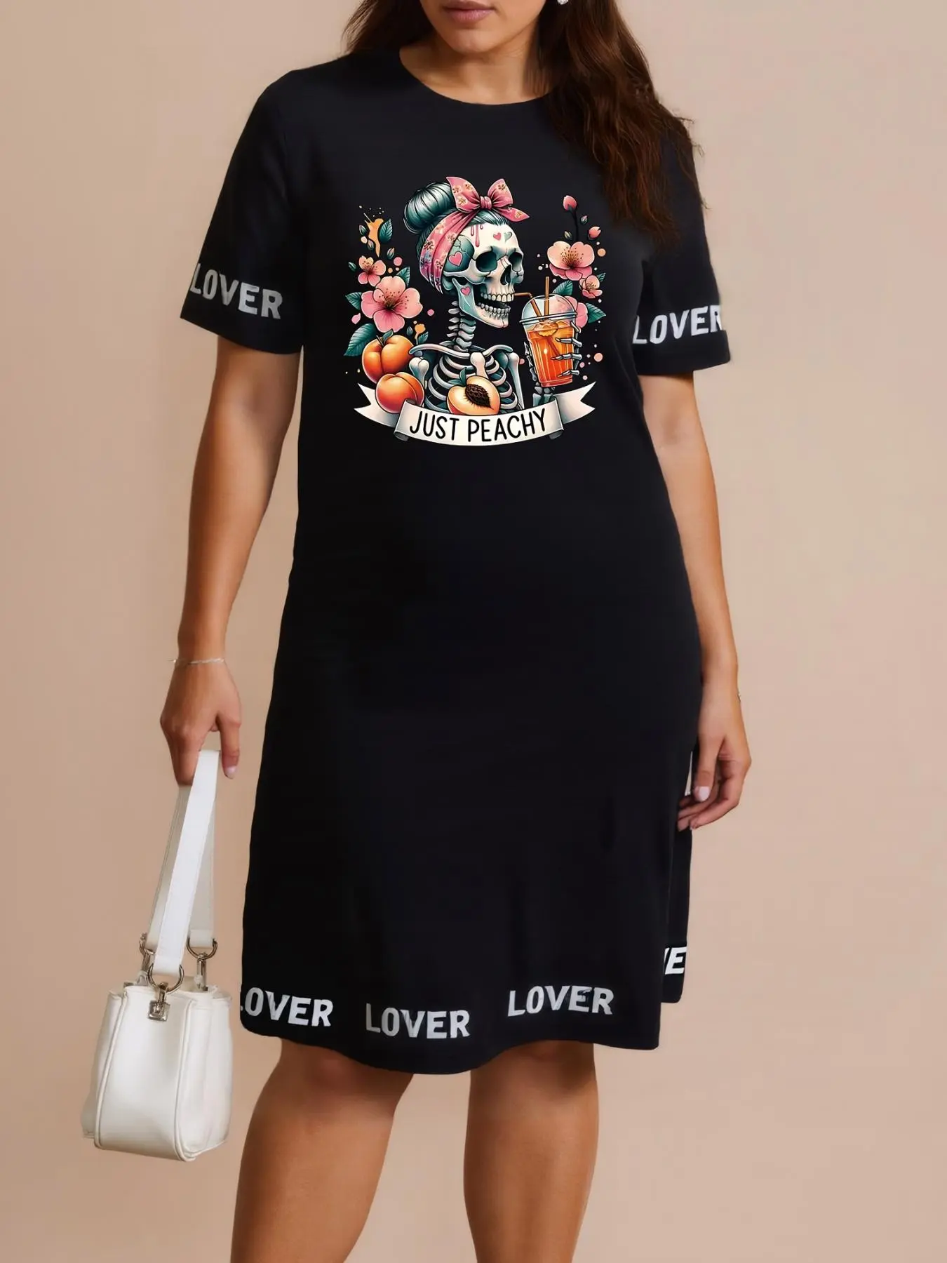 【Plus Size】 Skull & Floral Print Round Neck Dress, Fashion Casual Crew Neck Short Sleeve Boho Chic Dress for Daily Holiday Vacation Outdoor Wear, Women Plus Clothing for Summer, Casual Fashionable Dress