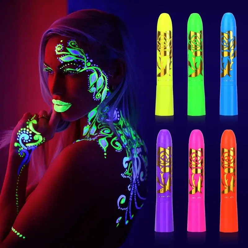 6-Piece UV Glow-in-the-Dark Light-Up Wand Makeup Kit, Sensitive & Normal Skin-Friendly Lip Crayon & Face Paint for Kids Halloween Party Supplies, Cosmetic