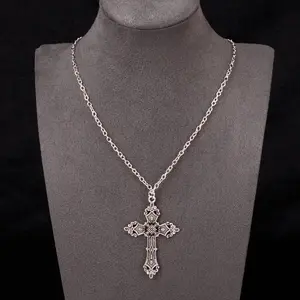 Vintage gothic cross necklace punk chain necklace silver tone cross pendant necklace y2k goth jewelry everyday layering necklace for women