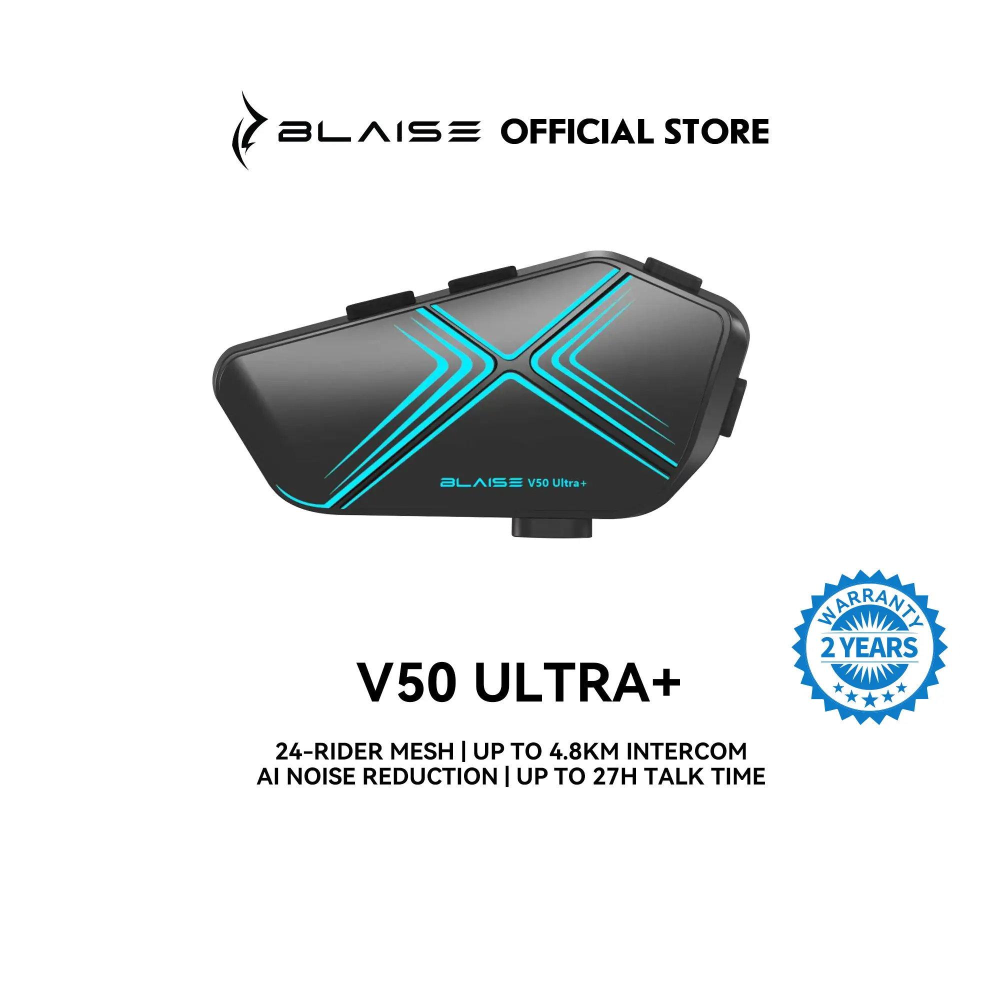 BLAISE OUTRIDERS V50 Ultra+ Motorcycle Helmet Bluetooth Intercom, 24-Rider Mesh Communication System with AI Call Noise Reduction, Cross-Brand Pairing, Music and Navigation Mixing, Long Battery Life for Motorbike, E-Moto, E-Bike, ATV and Group Rides