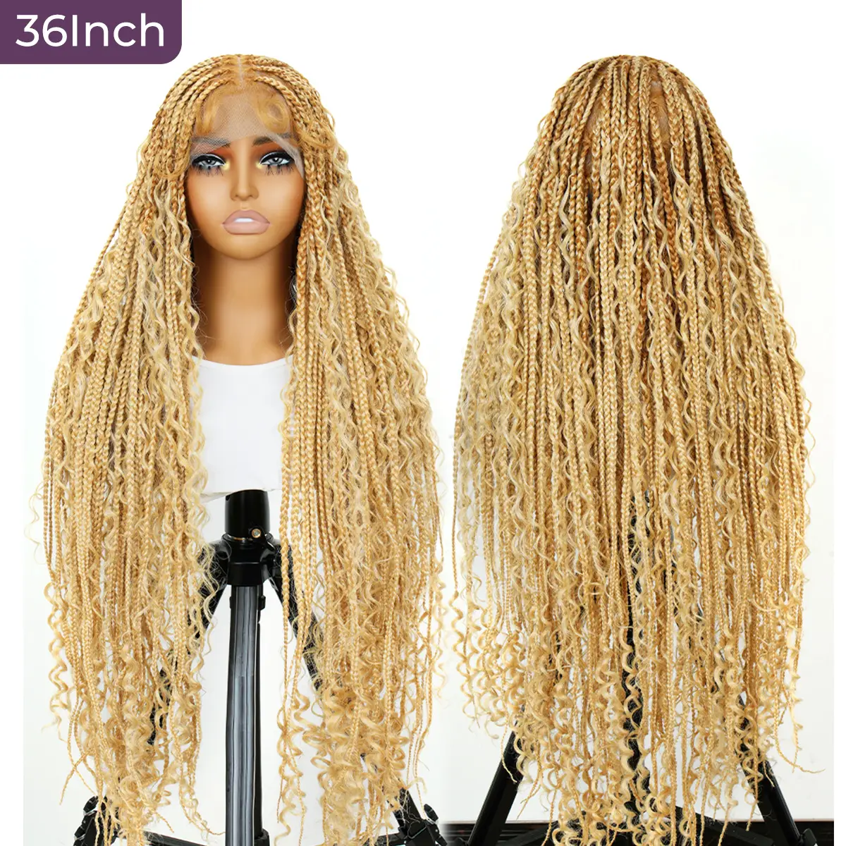 Holiday Musts #T274/614 36 Inches Full Lace Premium Synthetic Fiber Bohemian Box Braided Wigs Knotless SuperNova Hair Ash Blonde Wig DM to Pre-cut Lac