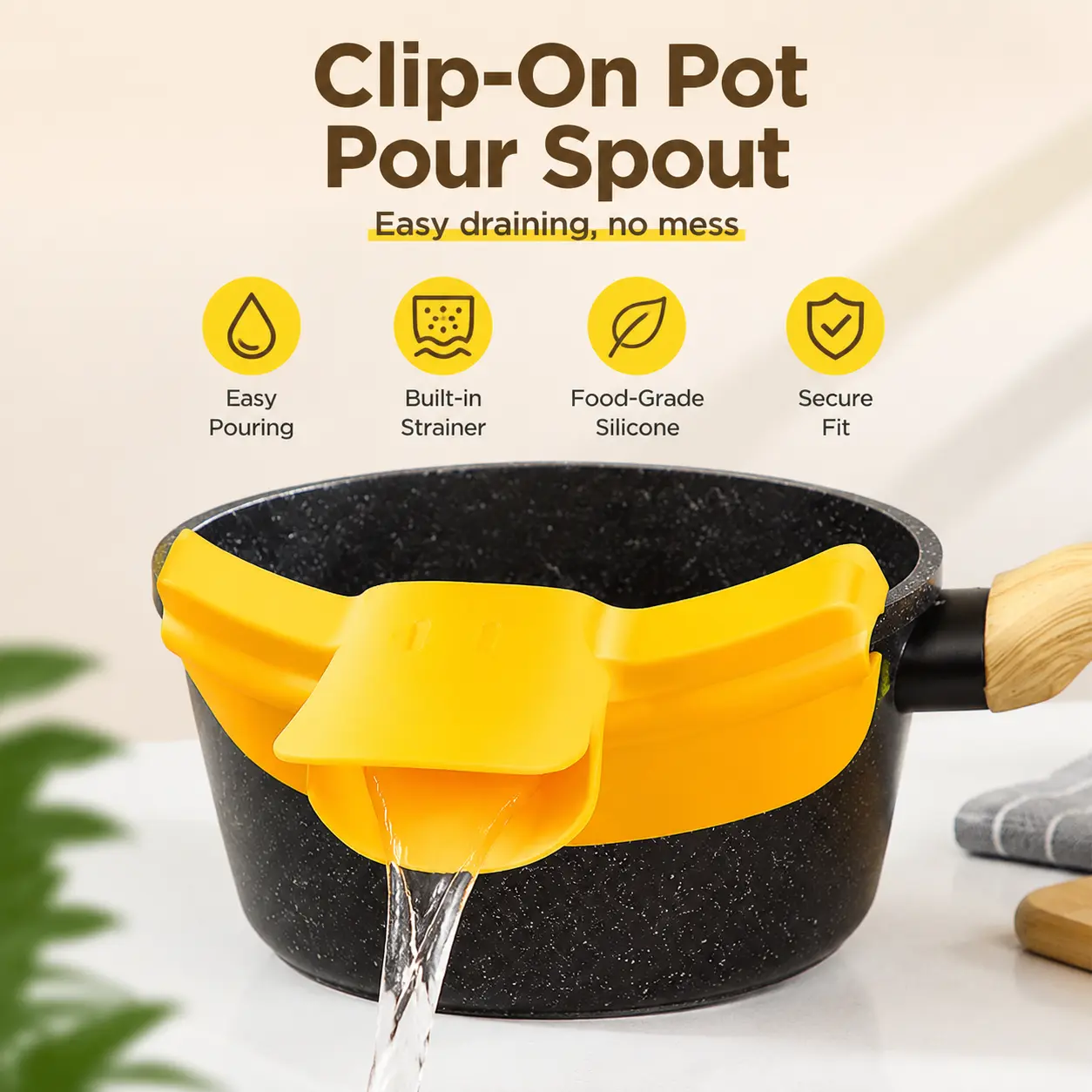 1 Count, TPR Clip On Pot Strainer Spout, Curved Diversion Design for Smooth Liquid Guiding During Home Kitchen Cooking
