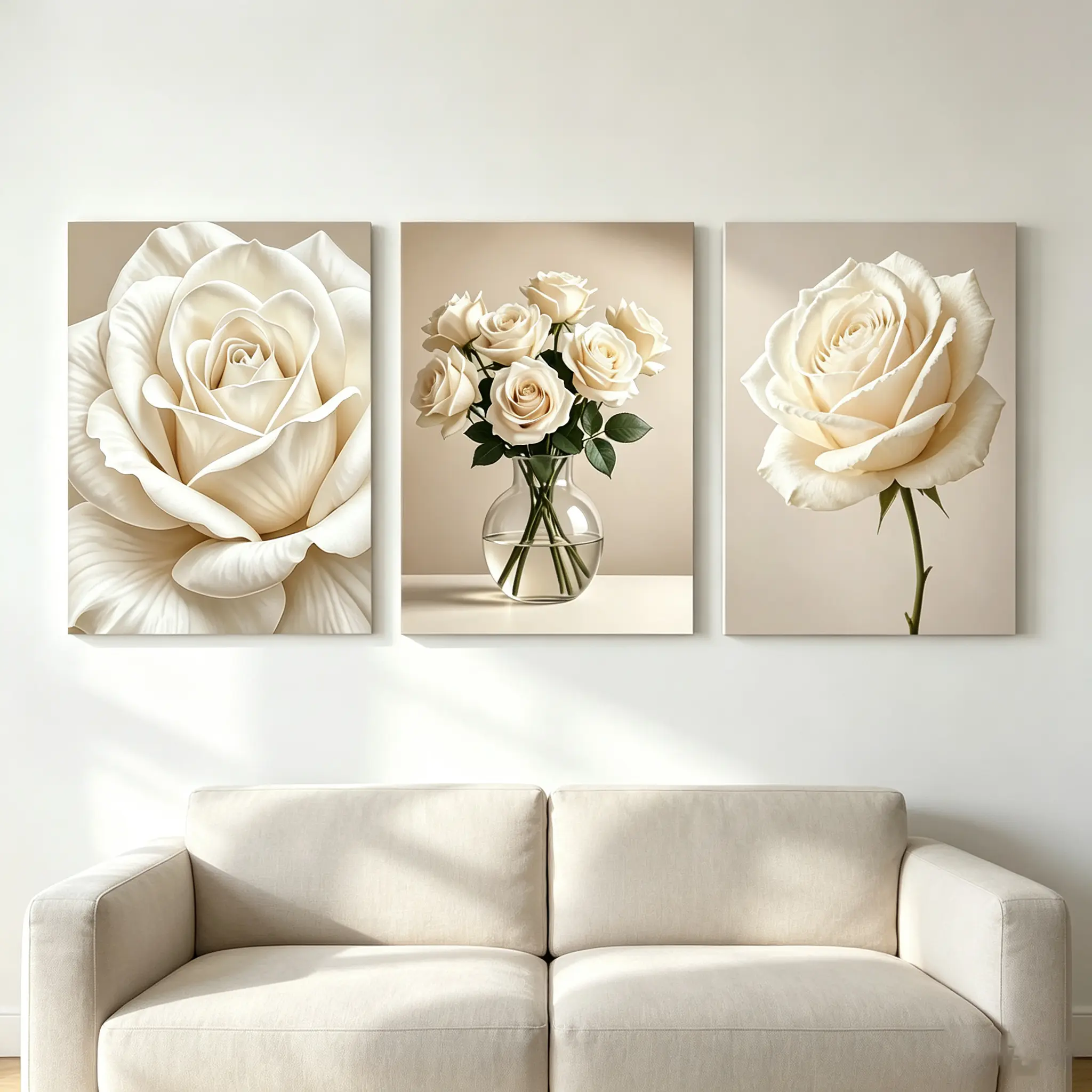 3 Panels Cream White Rose Canvas Wall Art Prints Solid Wood Framed Waterproof Romantic Floral Decor for Living Room Bedroom Office