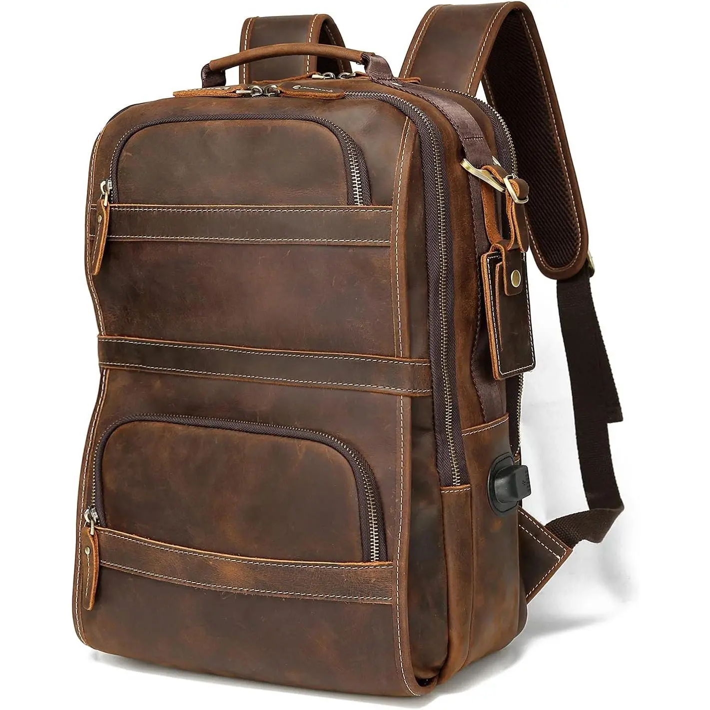 LANNSYNE Men's Vintage Cowhide Leather Backpack, 16-Inch Laptop Bag with USB Port, Carry On Bag for Travel, Work & Everyday Use, Airplane, Campus Life, Everyday Carry