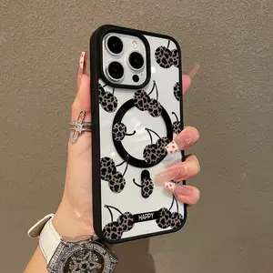 Adorable Magnetic Case for iPhone11/12/13/14/15/16/promax Leopard Cherry Pattern MagSafe Compatible, Lightweight, Anti-Fall | Girly & Chic Style